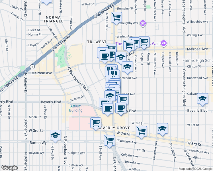 map of restaurants, bars, coffee shops, grocery stores, and more near 375 La Cienega Boulevard in Los Angeles