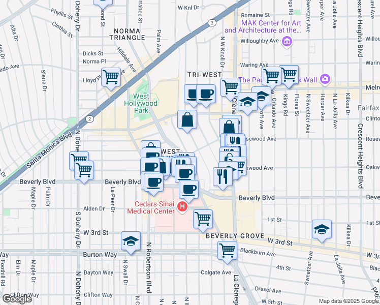 map of restaurants, bars, coffee shops, grocery stores, and more near in West Hollywood