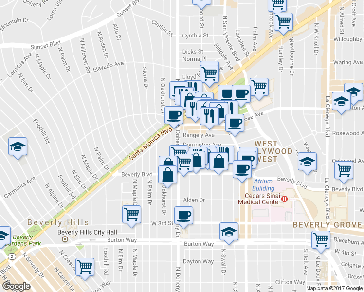 map of restaurants, bars, coffee shops, grocery stores, and more near 9034 Ashcroft Avenue in West Hollywood