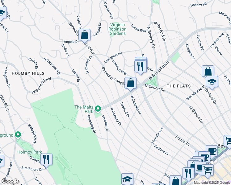 map of restaurants, bars, coffee shops, grocery stores, and more near 901 Bedford Drive in Beverly Hills