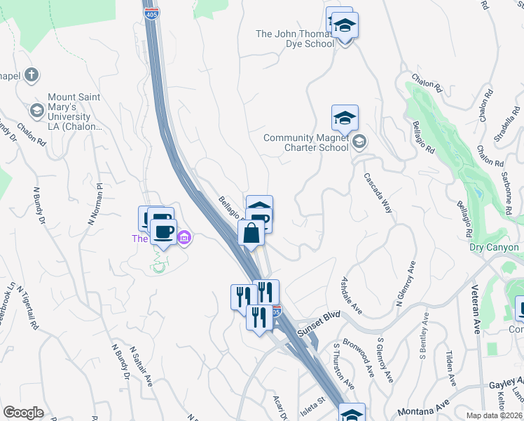 map of restaurants, bars, coffee shops, grocery stores, and more near 855 Moraga Drive in Los Angeles