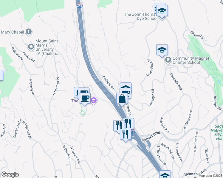 map of restaurants, bars, coffee shops, grocery stores, and more near 11720 Bellagio Road in Los Angeles