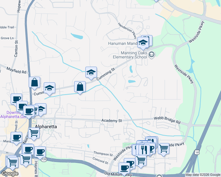 map of restaurants, bars, coffee shops, grocery stores, and more near 2420 Clairview Street in Alpharetta