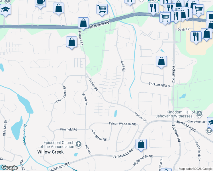 map of restaurants, bars, coffee shops, grocery stores, and more near 350 West Oaks Trail in Woodstock