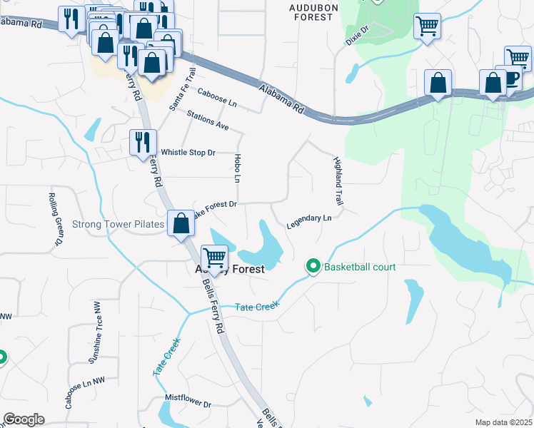 map of restaurants, bars, coffee shops, grocery stores, and more near 5219 Legendary Lane in Acworth