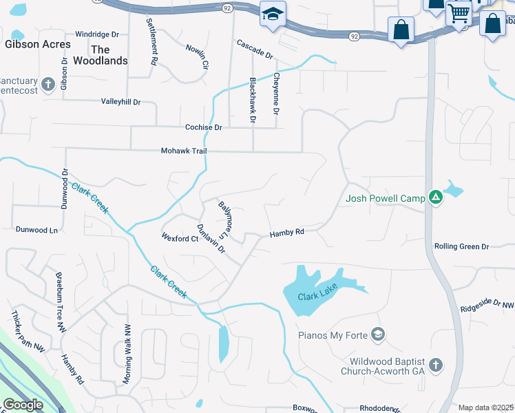 map of restaurants, bars, coffee shops, grocery stores, and more near 197 Tipton Lane in Acworth