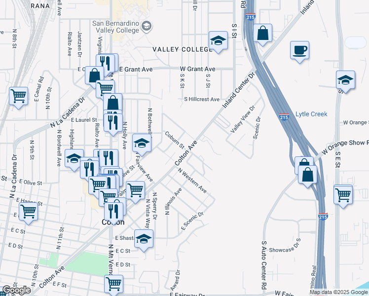 map of restaurants, bars, coffee shops, grocery stores, and more near 125 North Coburn Street in Colton