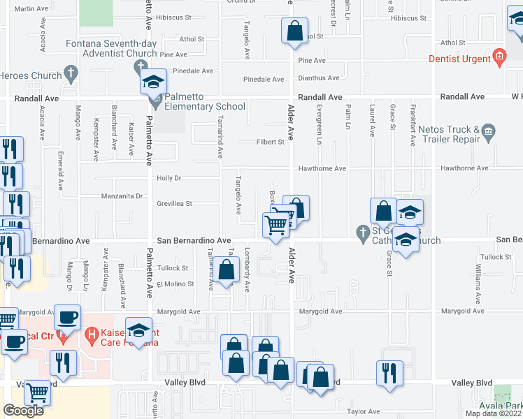 map of restaurants, bars, coffee shops, grocery stores, and more near 9615 Lombardy Avenue in Fontana