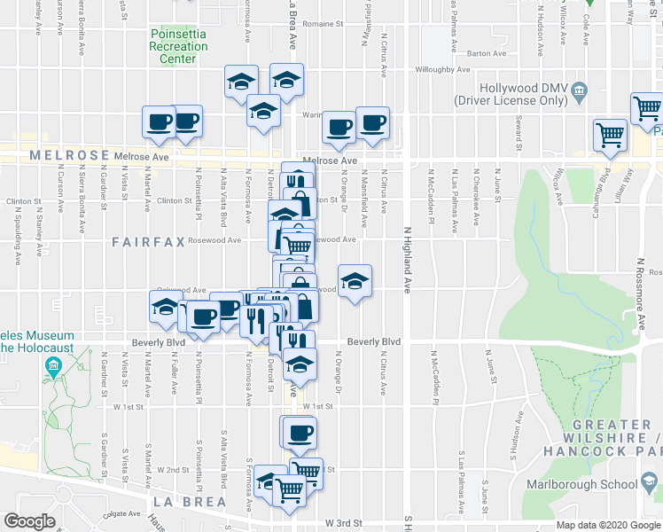 map of restaurants, bars, coffee shops, grocery stores, and more near 429 North Orange Drive in Los Angeles