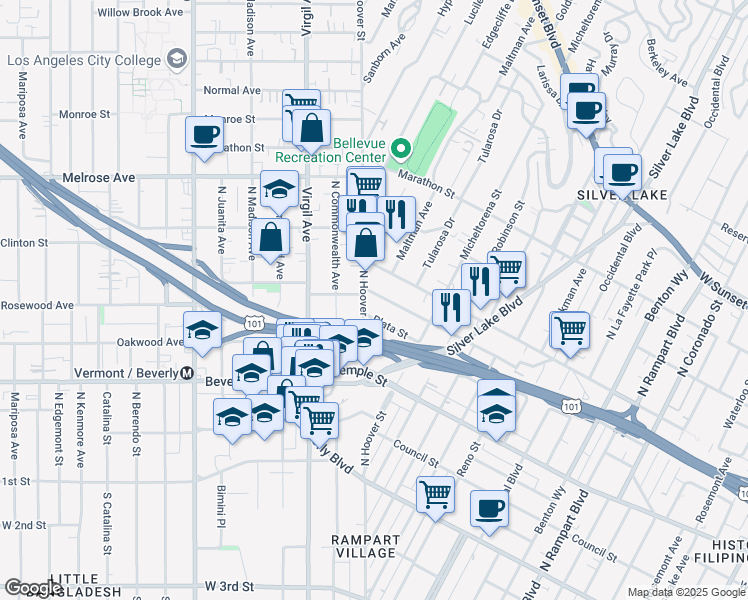map of restaurants, bars, coffee shops, grocery stores, and more near 3462 Plata Street in Los Angeles