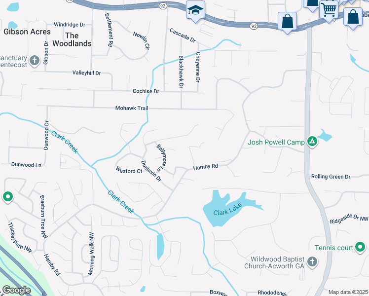 map of restaurants, bars, coffee shops, grocery stores, and more near 197 Tipton Lane in Acworth