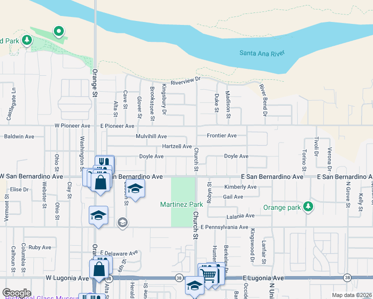 map of restaurants, bars, coffee shops, grocery stores, and more near 1631 Church Street in Redlands