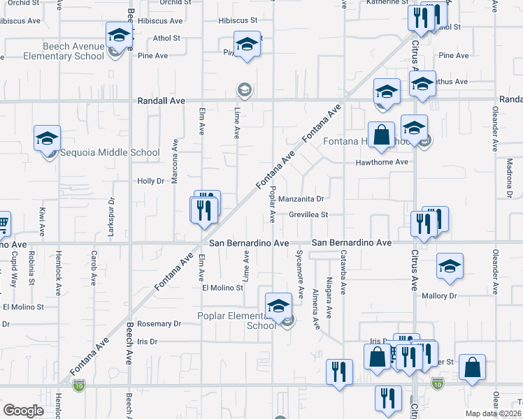 map of restaurants, bars, coffee shops, grocery stores, and more near 9644 Ashton Place in Fontana