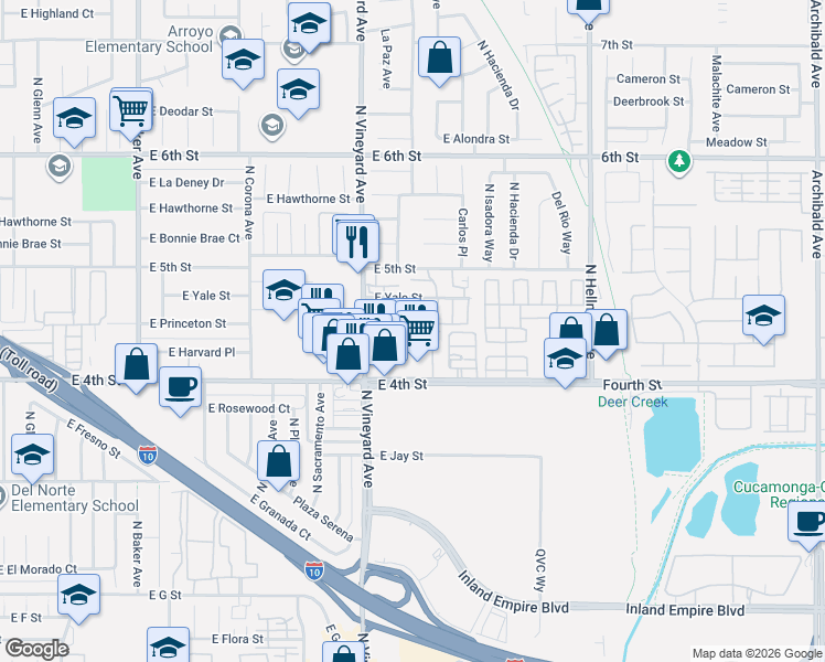 map of restaurants, bars, coffee shops, grocery stores, and more near 1955 East 4th Street in Ontario