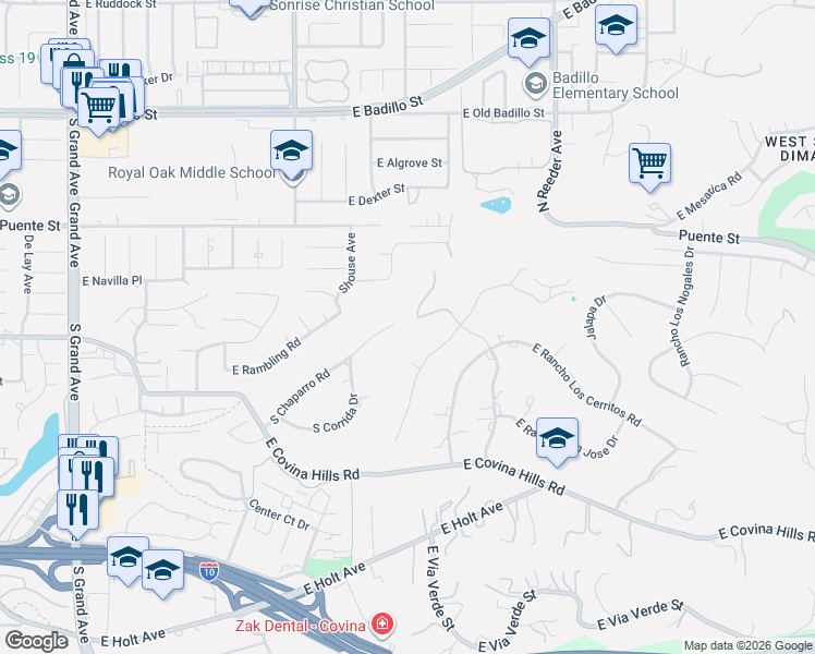map of restaurants, bars, coffee shops, grocery stores, and more near 3391 Rancho Rio Bonita Road in Covina