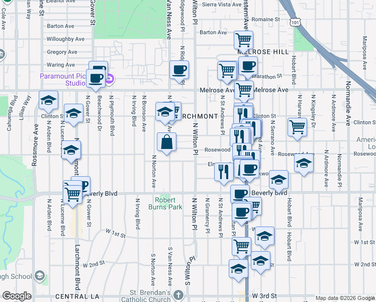 map of restaurants, bars, coffee shops, grocery stores, and more near 385 North Wilton Place in Los Angeles