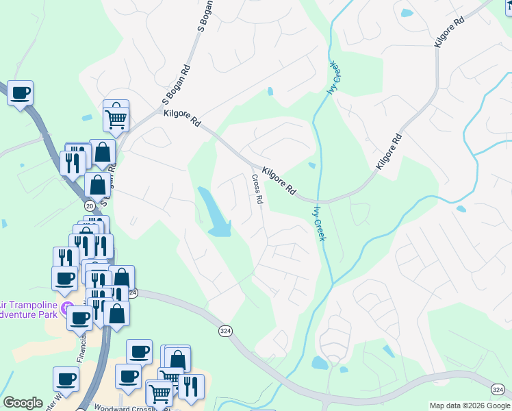 map of restaurants, bars, coffee shops, grocery stores, and more near 3473 Fallen Oak Drive in Buford