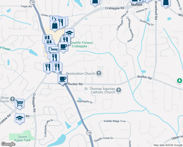 map of restaurants, bars, coffee shops, grocery stores, and more near 1055 Jordan Lane in Alpharetta