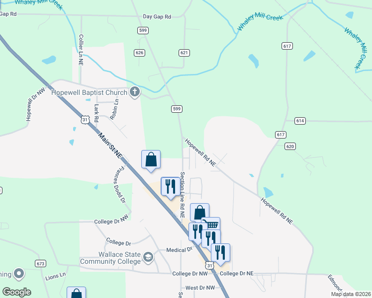 map of restaurants, bars, coffee shops, grocery stores, and more near 118 Sarah Beth Street in Hanceville