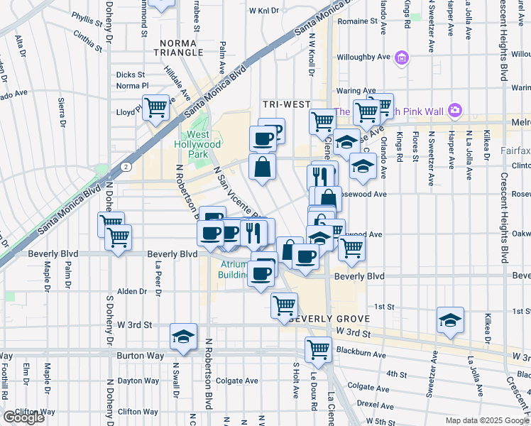 map of restaurants, bars, coffee shops, grocery stores, and more near 400 Norwich Drive in West Hollywood