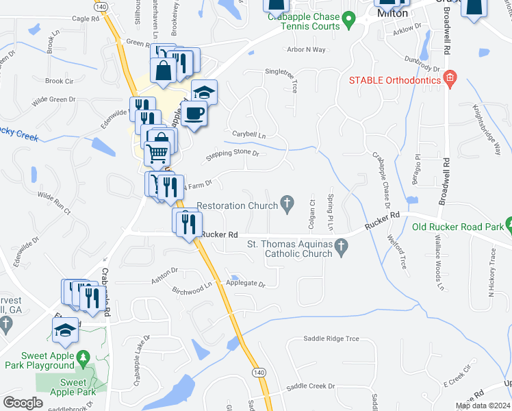 map of restaurants, bars, coffee shops, grocery stores, and more near 12183 Limeridge Court in Alpharetta