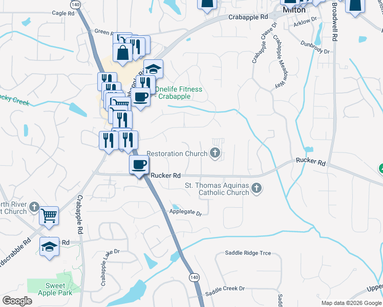 map of restaurants, bars, coffee shops, grocery stores, and more near 12183 Limeridge Court in Alpharetta