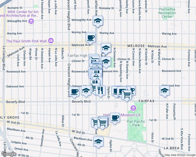 map of restaurants, bars, coffee shops, grocery stores, and more near 415 North Orange Grove Avenue in Los Angeles