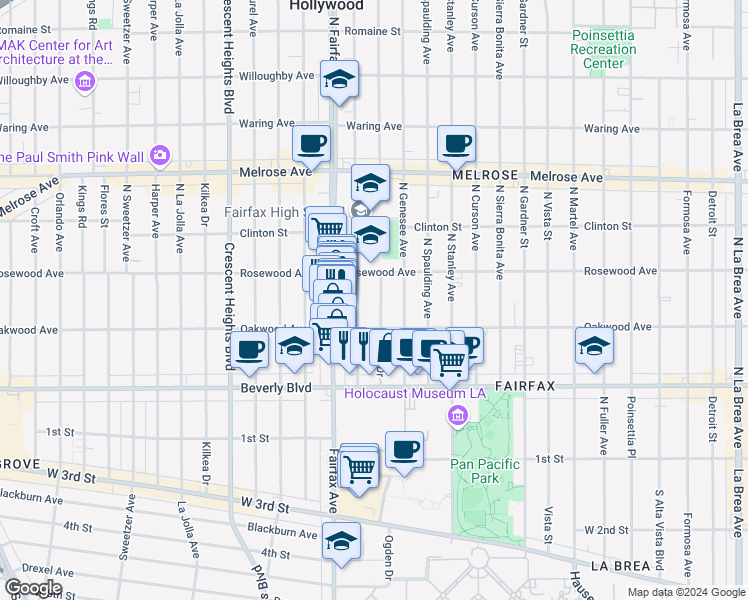 map of restaurants, bars, coffee shops, grocery stores, and more near 435 North Ogden Drive in Los Angeles