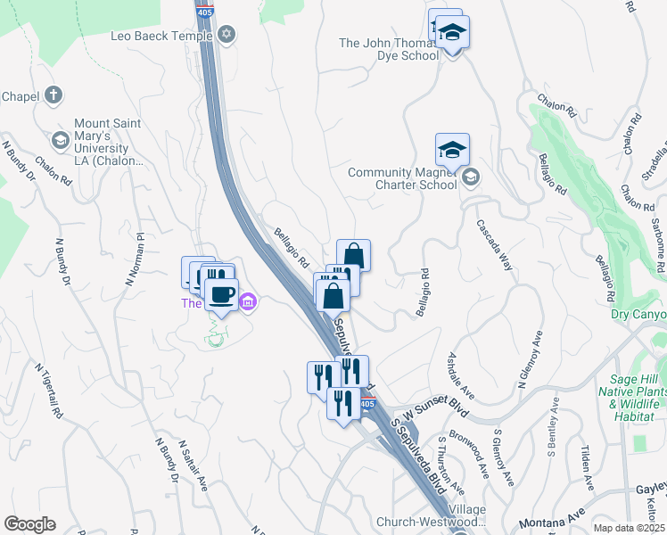 map of restaurants, bars, coffee shops, grocery stores, and more near 1068 Casiano Road in Los Angeles