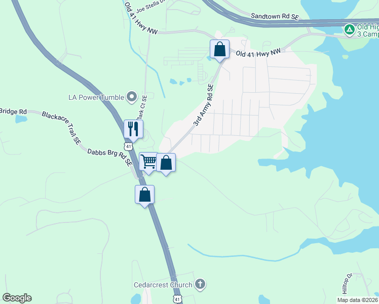 map of restaurants, bars, coffee shops, grocery stores, and more near 188 Wood Lane in Acworth