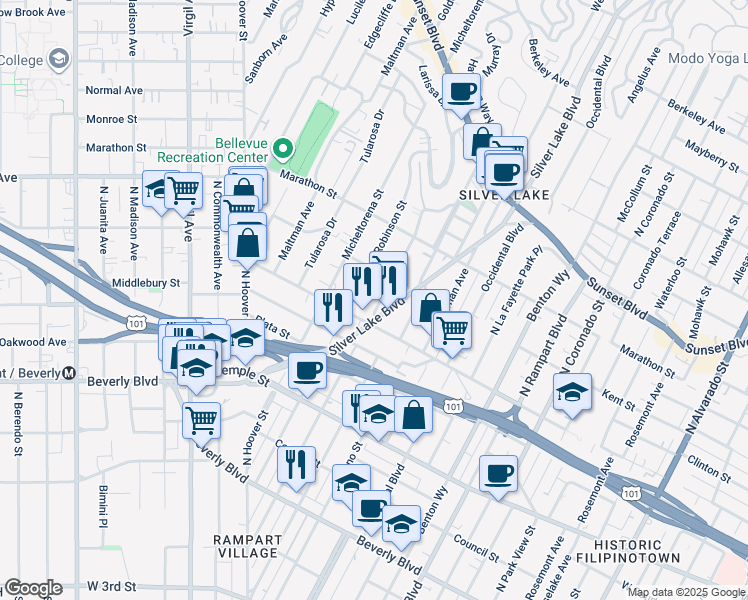 map of restaurants, bars, coffee shops, grocery stores, and more near 627 North Dillon Street in Los Angeles