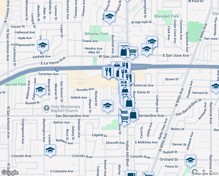 map of restaurants, bars, coffee shops, grocery stores, and more near 1989 Annandale Way in Pomona