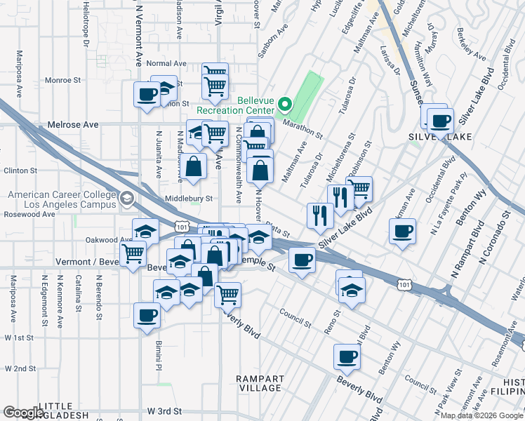 map of restaurants, bars, coffee shops, grocery stores, and more near 444 North Hoover Street in Los Angeles
