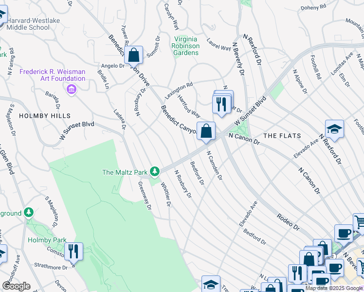 map of restaurants, bars, coffee shops, grocery stores, and more near 901 Bedford Drive in Beverly Hills