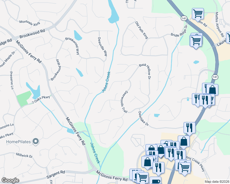 map of restaurants, bars, coffee shops, grocery stores, and more near 1705 Bucks Club Drive in Alpharetta