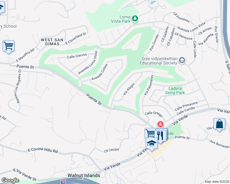 map of restaurants, bars, coffee shops, grocery stores, and more near 1319 Vía Esperanza in San Dimas