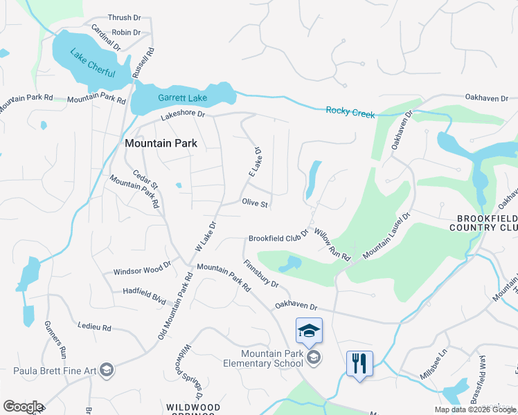map of restaurants, bars, coffee shops, grocery stores, and more near 115 Olive Street in Roswell