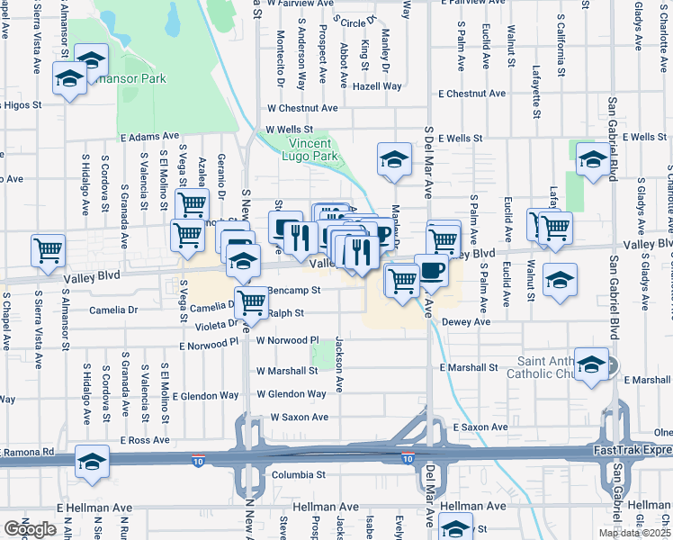 map of restaurants, bars, coffee shops, grocery stores, and more near 301 West Bencamp Street in San Gabriel