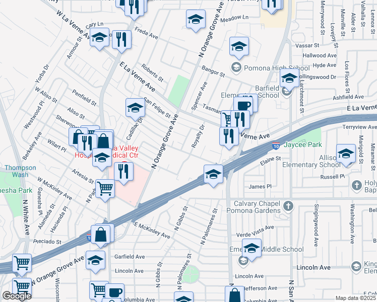 map of restaurants, bars, coffee shops, grocery stores, and more near 1925 Royalty Drive in Pomona
