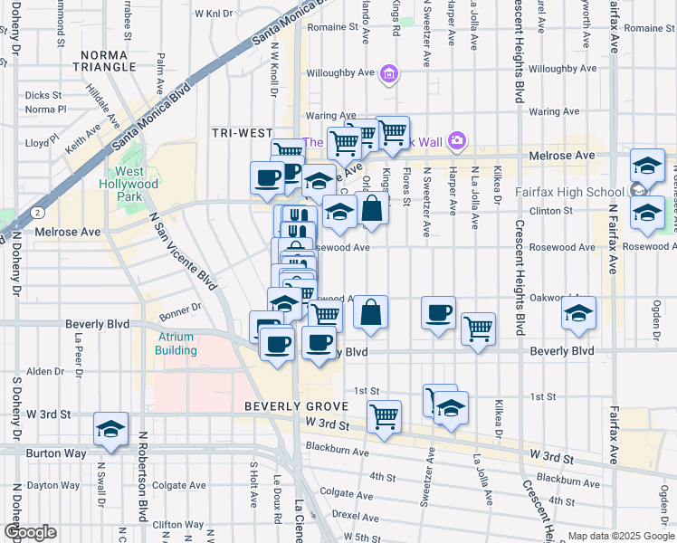 map of restaurants, bars, coffee shops, grocery stores, and more near 441 Croft Avenue in West Hollywood