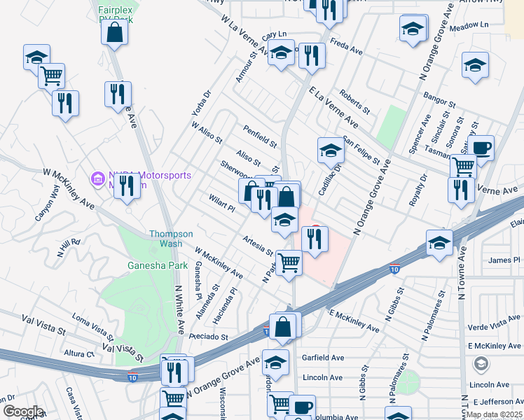 map of restaurants, bars, coffee shops, grocery stores, and more near 180 West Willow Street in Pomona