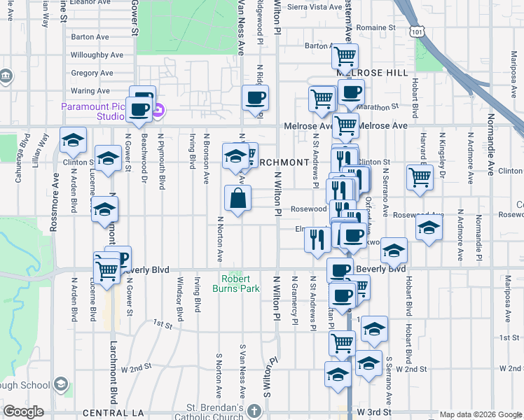 map of restaurants, bars, coffee shops, grocery stores, and more near 5026 Rosewood Avenue in Los Angeles