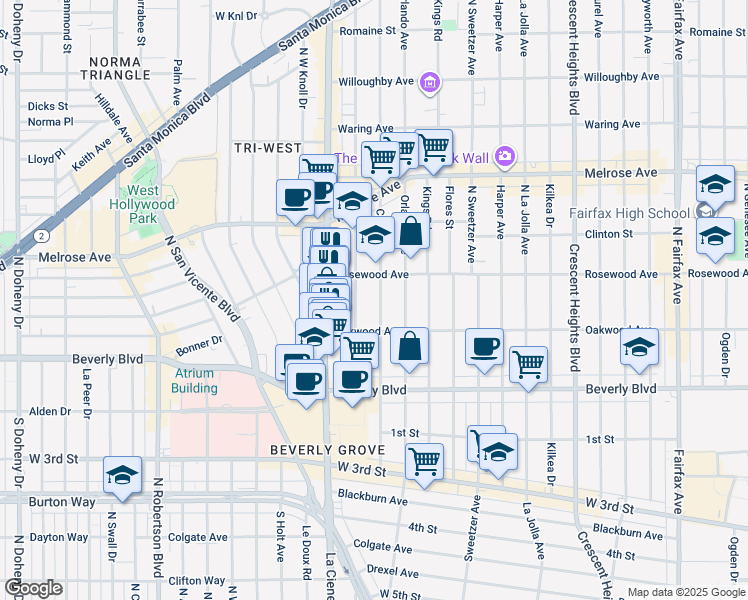 map of restaurants, bars, coffee shops, grocery stores, and more near 441 Croft Avenue in West Hollywood