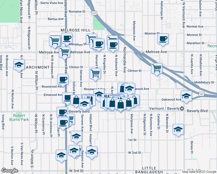 map of restaurants, bars, coffee shops, grocery stores, and more near 4513 Rosewood Avenue in Los Angeles