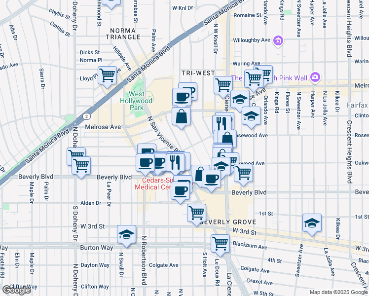 map of restaurants, bars, coffee shops, grocery stores, and more near in West Hollywood