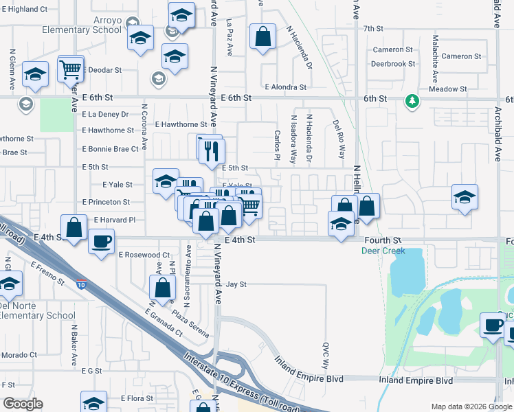 map of restaurants, bars, coffee shops, grocery stores, and more near 2035 East Harvard Privado in Ontario