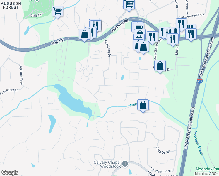 map of restaurants, bars, coffee shops, grocery stores, and more near 1032 Boston Ridge in Woodstock