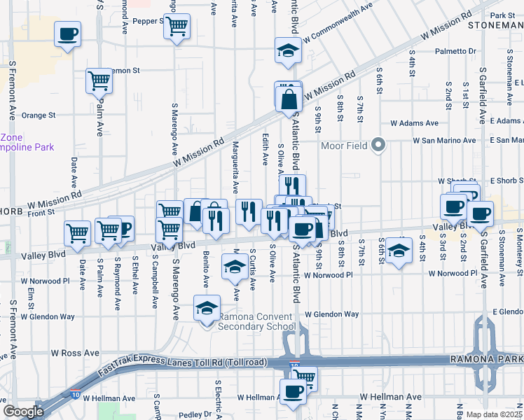 map of restaurants, bars, coffee shops, grocery stores, and more near 1029 Edith Avenue in Alhambra
