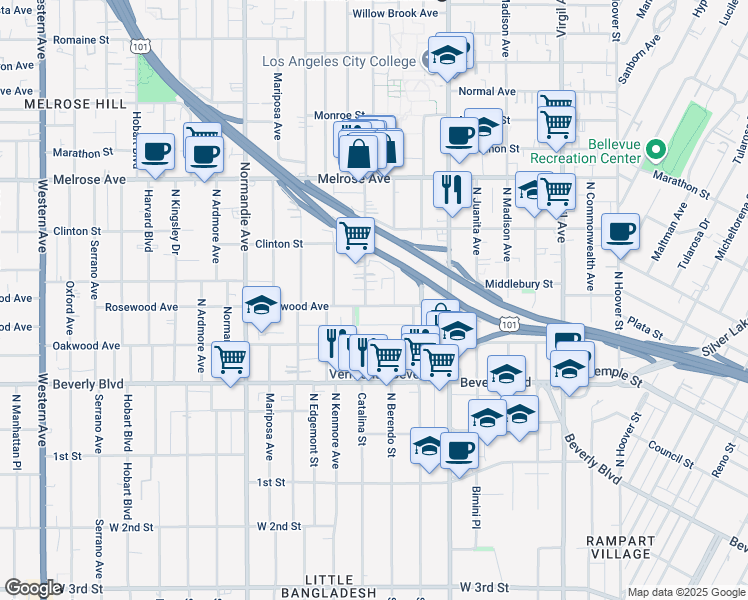 map of restaurants, bars, coffee shops, grocery stores, and more near 533 North Berendo Street in Los Angeles