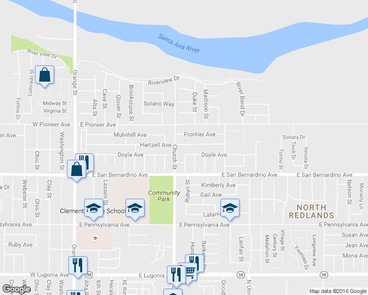 map of restaurants, bars, coffee shops, grocery stores, and more near 824 Hartzell Avenue in Redlands
